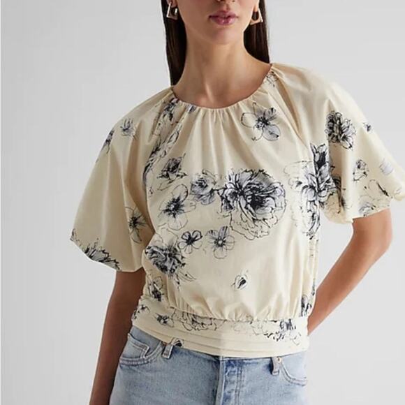 Express Floral Gathered Neck Puff Sleeve Banded HemTop, CottageCore, Office, L - Picture 3 of 13